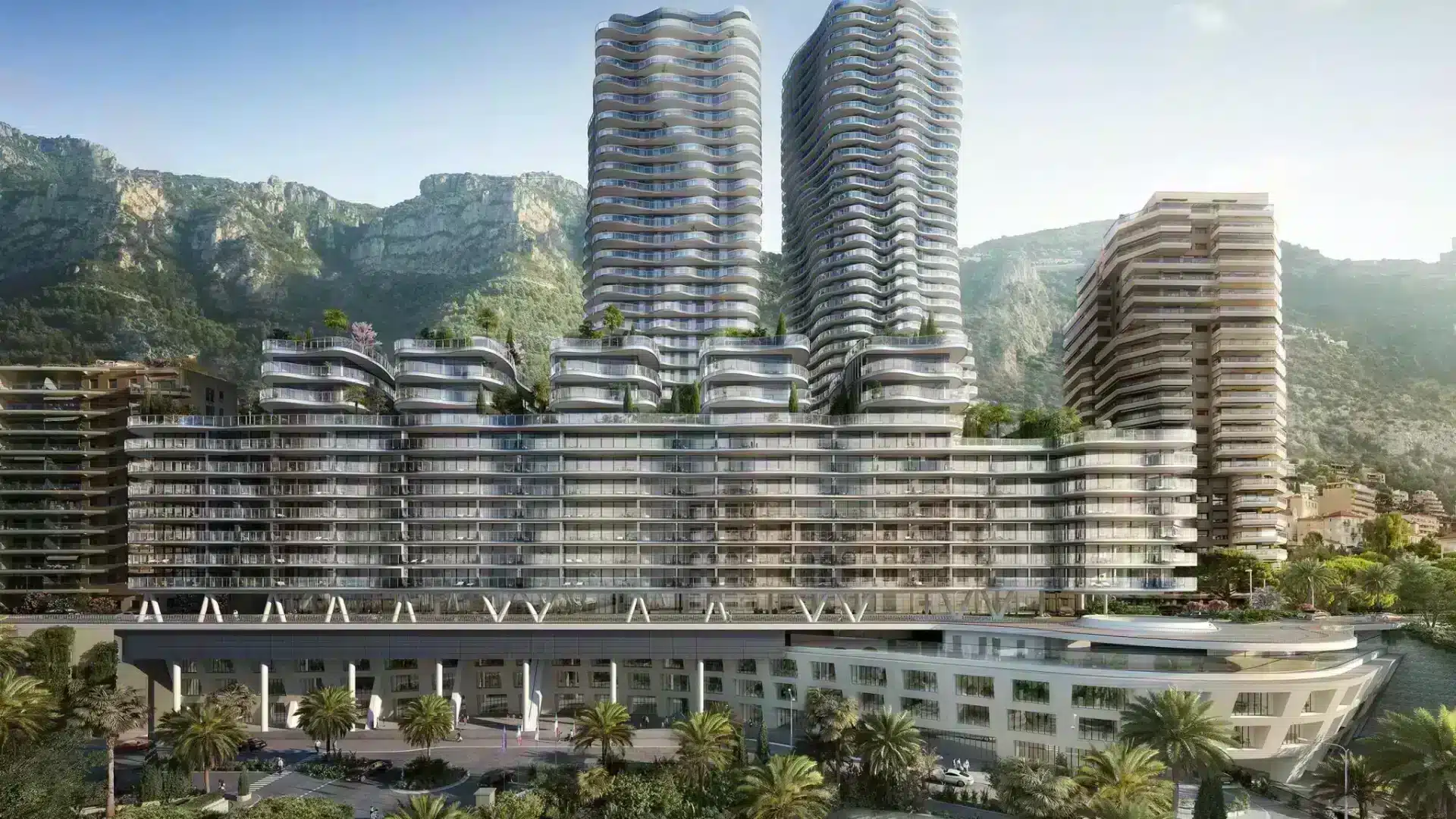 This is a photo of the entire development by Marzocco Group. You have the two towers of Testimonio II, the 5 villas and apartment building of Bay House below, and at the lowest level you have the International School of Monaco