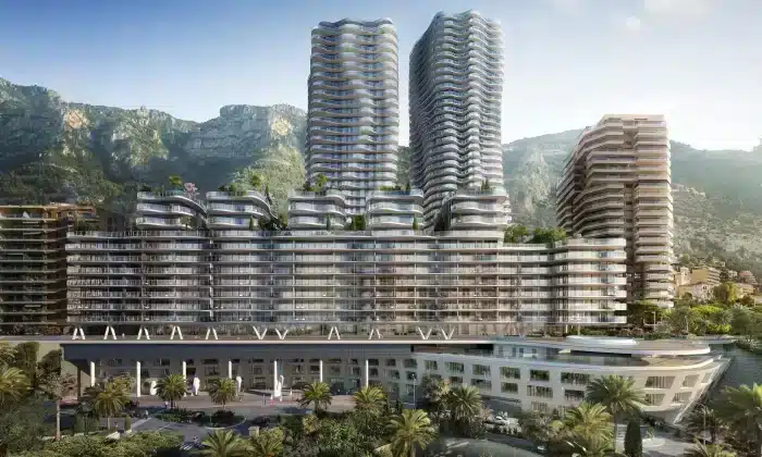 This is a photo of the entire development by Marzocco Group. You have the two towers of Testimonio II, the 5 villas and apartment building of Bay House below, and at the lowest level you have the International School of Monaco