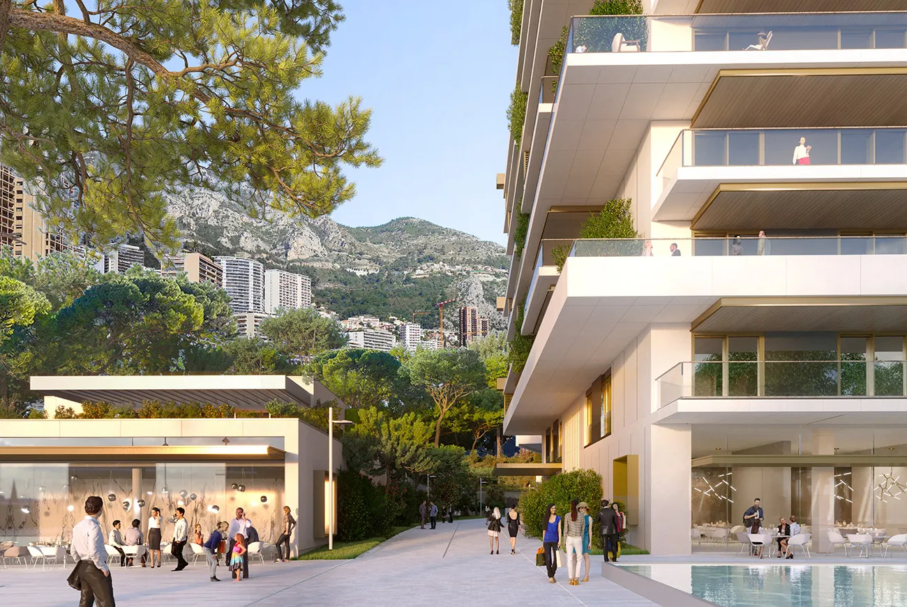 In this photo you see Place Princess Gabriella, stores and Les Jardin d'Eau residence in Mareterra Monaco