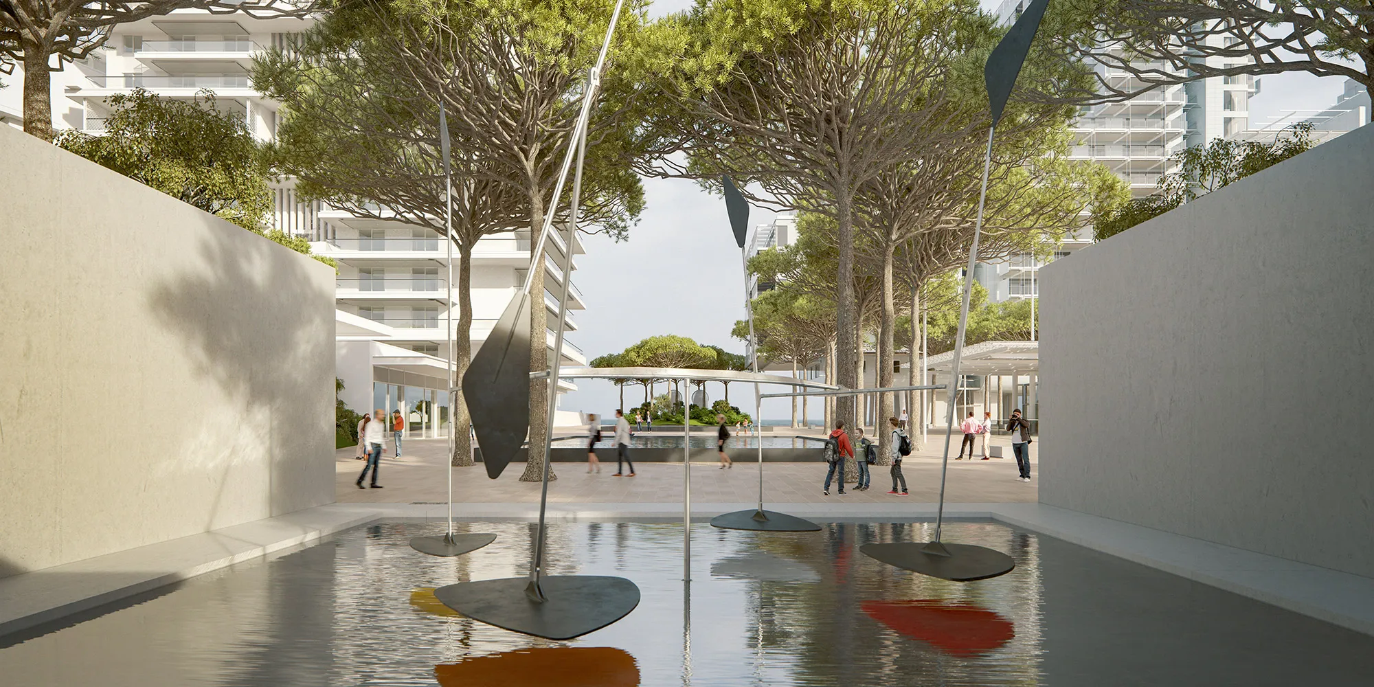 Place Princess Gabriella in Mareterra Monaco. In the photo you see an sculpture, the public square, LE Enzo and Les Jardins d'Eau