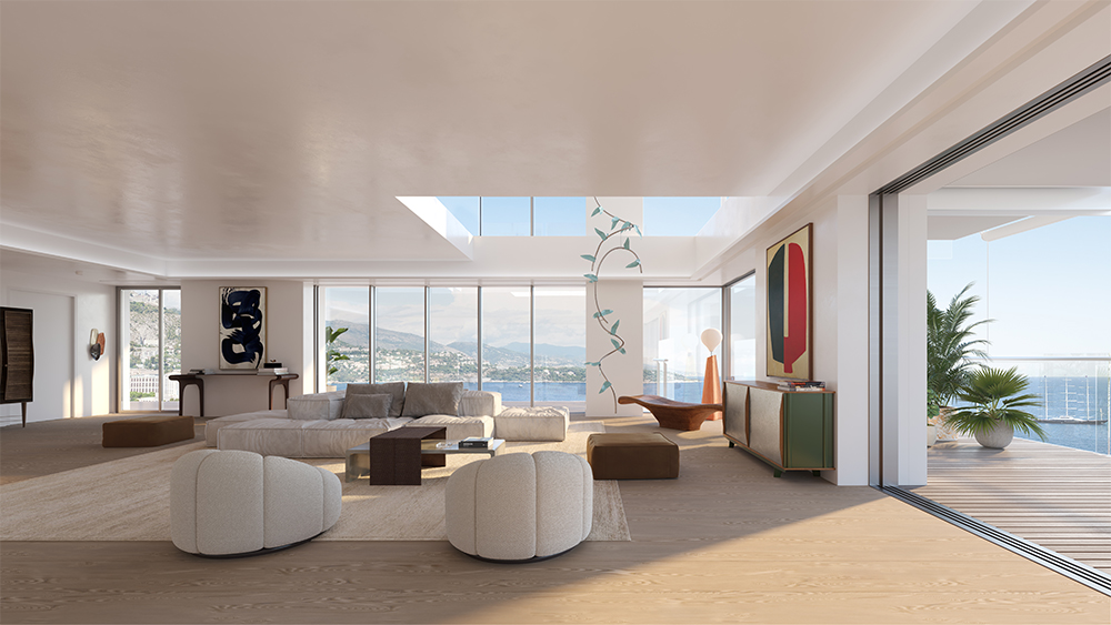 A living room of Le Renzo residence at Mareterra. In the living room you see furniture, artwork, the terrace and a view of the Mediterranean sea