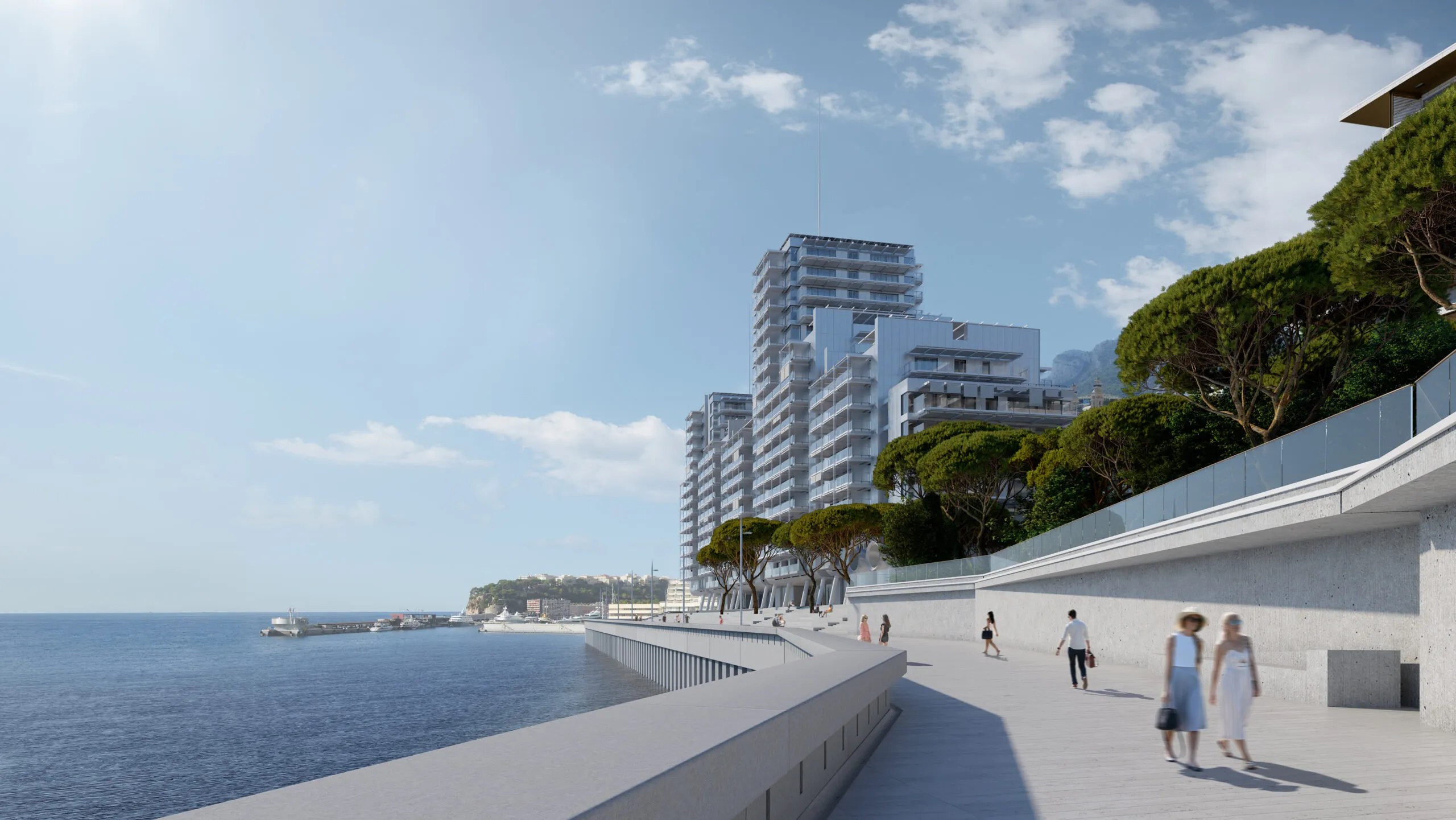 A photo of Le Renzo residence in Mareterra Monaco, the coastal walkway, and sea