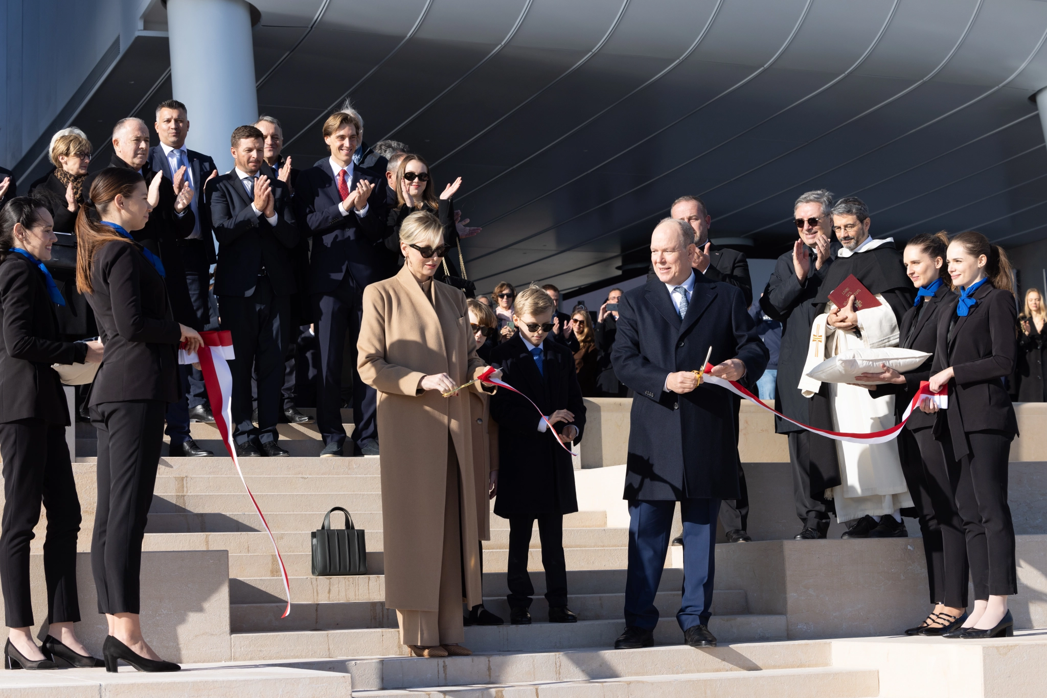 H.S.H Prince Albert II of Monaco, H.S.H Princess Charlene of Monaco, H.S.H Prince Jacques, and H.S.H Princess Gabriella Opening Mareterra in front Le Renzo Residence and surrounding crowd