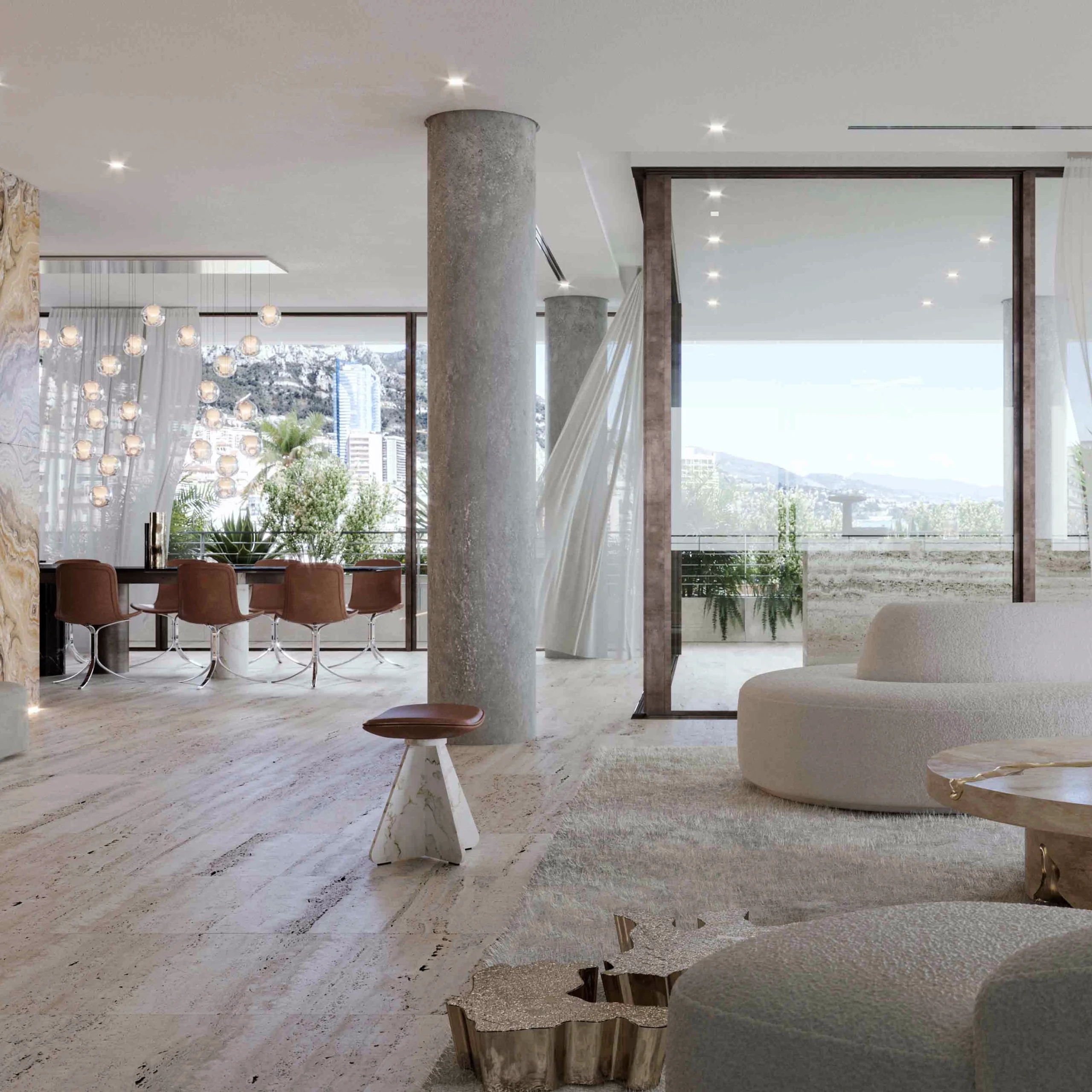 The left side of a living room and dining room in the petite antique residence. The view outside of the window is of Monaco with Tour odeon in the background. Posted by Baldo Realty Group