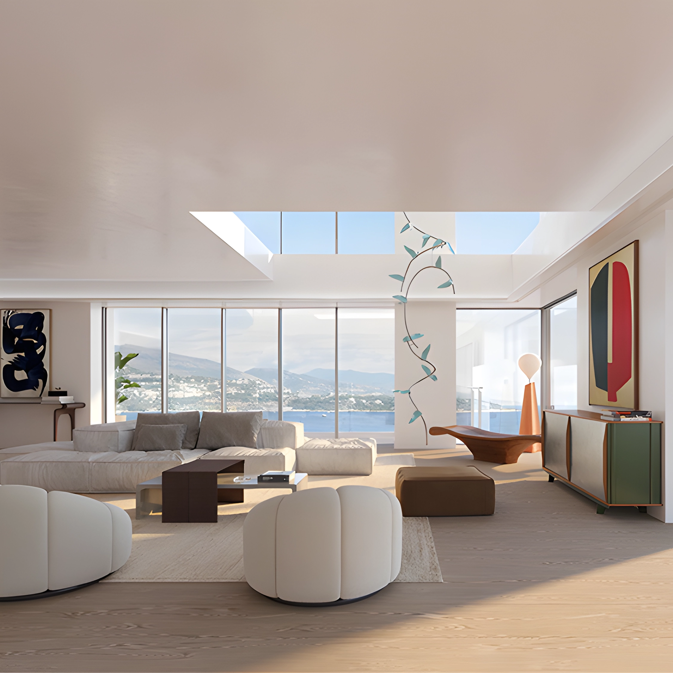 A living room in Le Renzo residence in Mareterra Monaco. In this photo you see a living room with multiple couches, double height ceilings, and a view of the Mediterranean Sea and Roquebrun-Cap-Martin. Posted by Baldo Realty Group