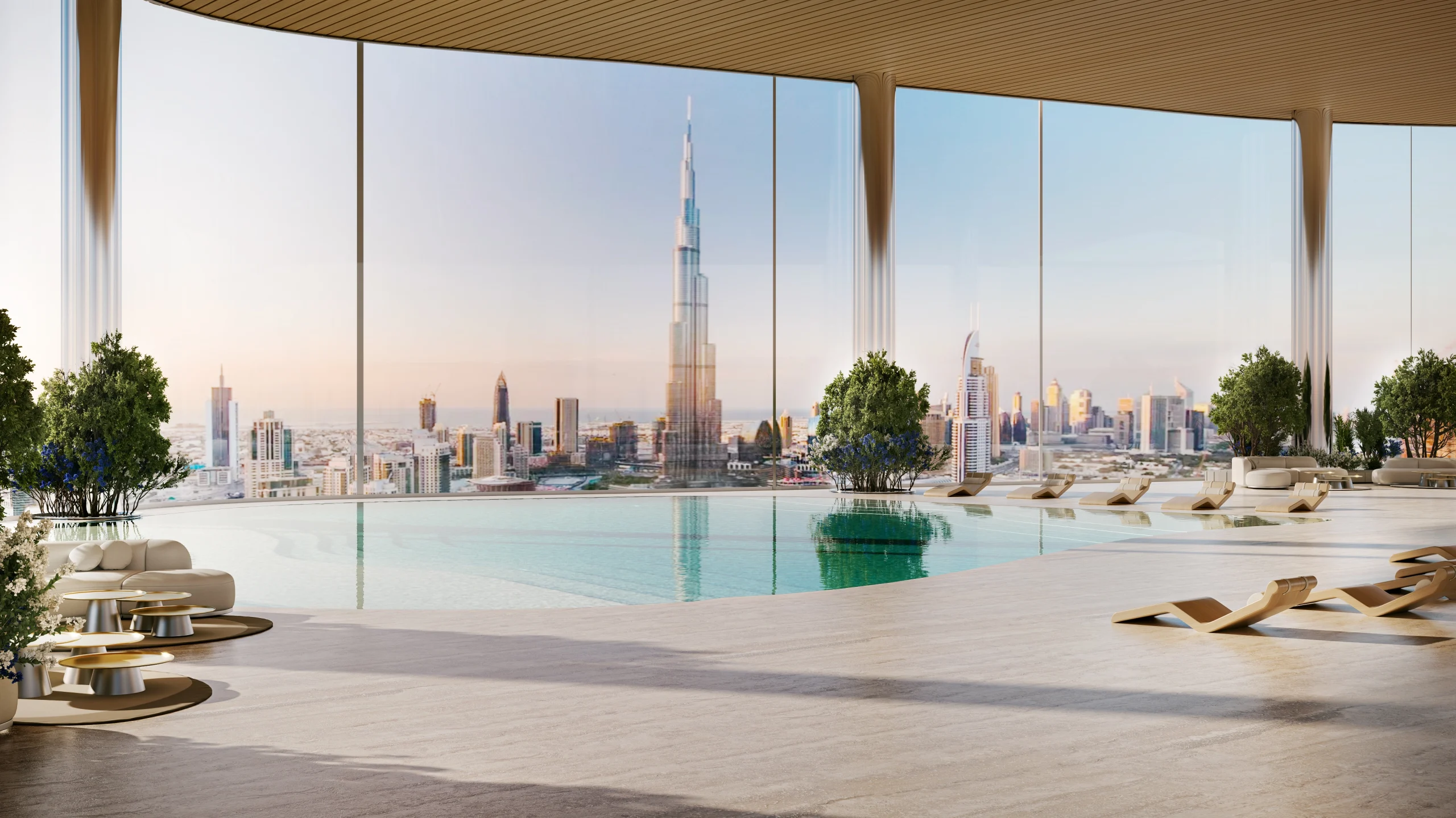 The interior of an apartment in the Bugatti Residence in Dubai. In this photo you see a luxury living room and the skyline of Dubai.