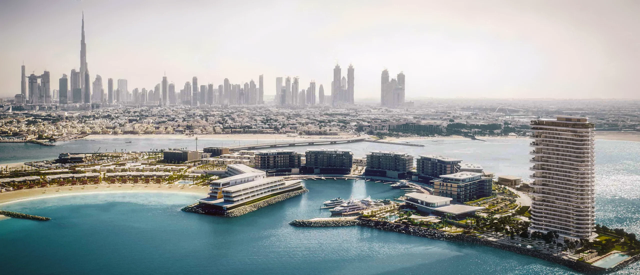 Jumeirah bay islands with the Dubai skyline in the background