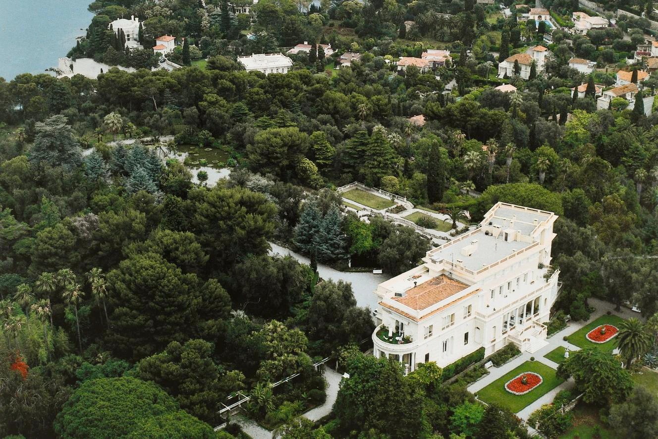 Aerial view of Villa Les Cèdres and its botanical park on the western shore of Saint-Jean-Cap-Ferrat
