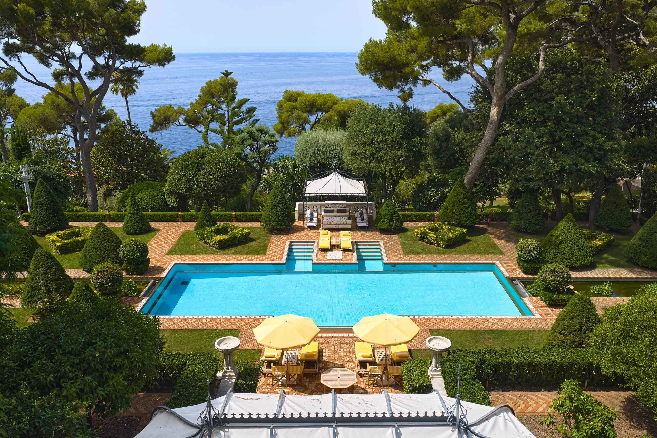 Aerial top-down view of the heated swimming pool at Villa Cypris