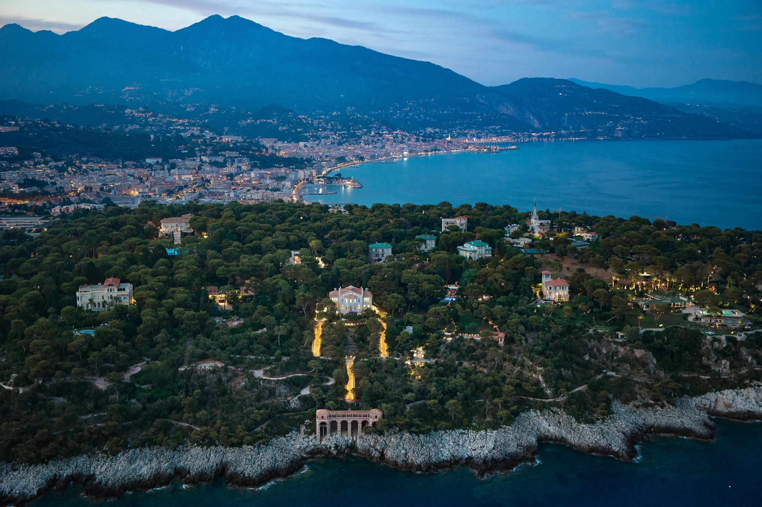 Aerial night view of the Domaine Privé du Cap-Martin in Roquebrune-Cap-Martin